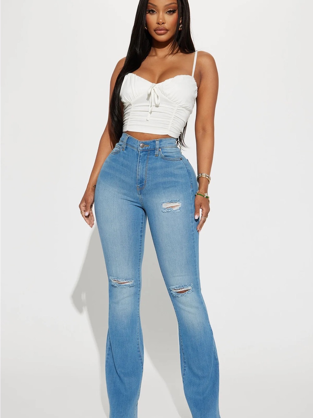 Fashion Nova  Distressed Super Stretch Flare Jeans - Medium Blue Wash
